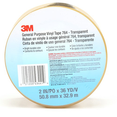 3M General Purpose Vinyl Tape 764 Transparent 2 in × 36 yd 5 mil Individually Wrapped Conveniently Packaged - Benchmark Tooling