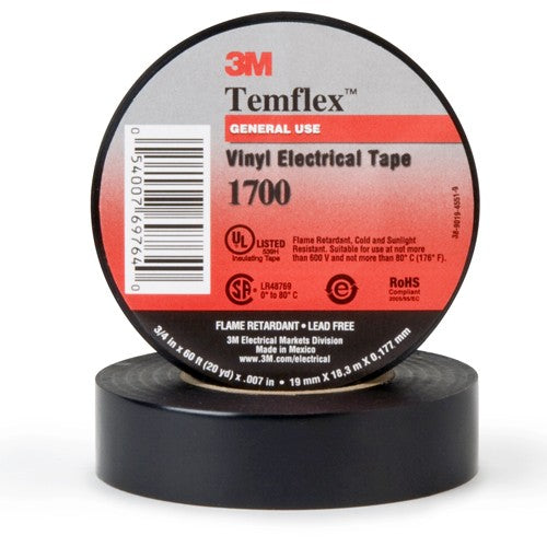 ‎3M Temflex Vinyl Electrical Tape 1700 3/4″ × 36 yd 1-1/2″ Core Black - Benchmark Tooling