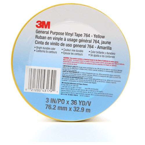 3M General Purpose Vinyl Tape 764 Yellow 3″ × 36 yd 5 mil Individually Wrapped Conveniently Packaged - Benchmark Tooling