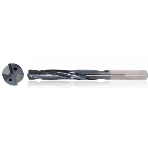 1/4″ Dia. × 8 mm Shank × 34 mm Flute Length × 79 mm OAL, 3xD, TiAlN, 2 Flute, Coolant Thru, h6, Cylindrical, Solid Carbide Drill Series/List #5614 - Exact Industrial Supply