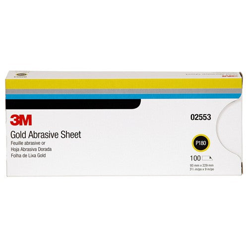 3M Gold Abrasive Sheet 02553 P180 grade 3 2/3″ × 9″ 100 sheets per sleeve - Benchmark Tooling
