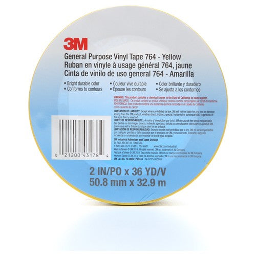 3M General Purpose Vinyl Tape 764 Yellow 2″ × 36 yd 5 mil Individually Wrapped Conveniently Packaged - Benchmark Tooling