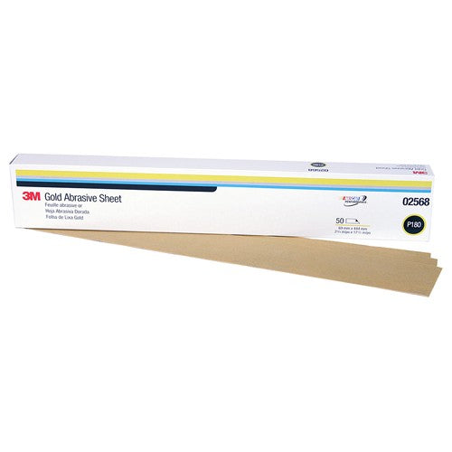 3M Gold Abrasive Sheet 02568 P180 grade 2 3/4″ × 17 1/2″ 50 sheets per pack - Benchmark Tooling