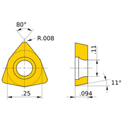 WPMT 21.50.5 MV MP3025, 0.2 mm Corner Radius, 2.38 mm Thick, 6.35 mm Inscribed Circle, Turning Indexable Insert
