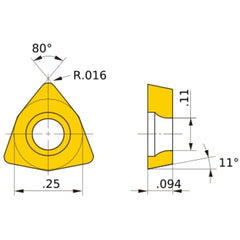 WPMT 21.51 MV VP15TF, 1/64″ Corner Radius, 3/32″ Thick, 1/4″ Inscribed Circle, Turning Indexable Insert